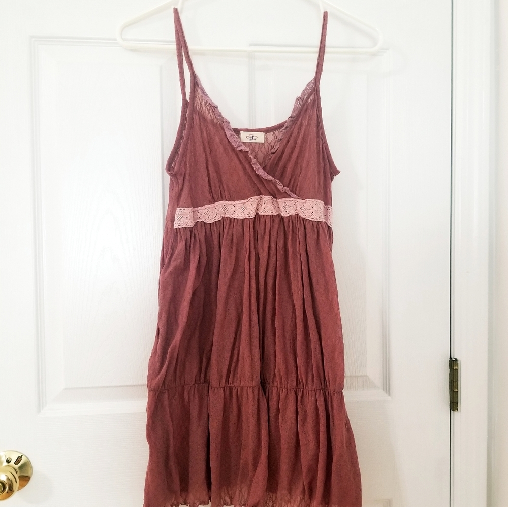 Korean Brand Lovely burgundy pink lace extra long cami tank top tee tunic shirt